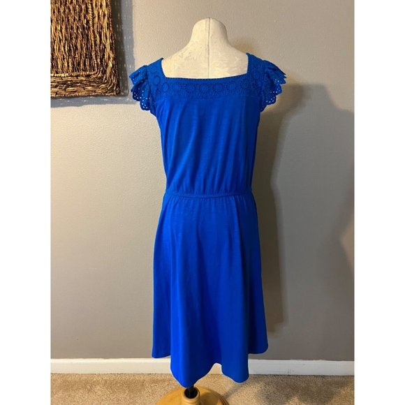 Talbots Dress M Medium Cobalt Blue Stretch Eyelet Slub Cotton Square Neck NEW - Picture 2 of 11